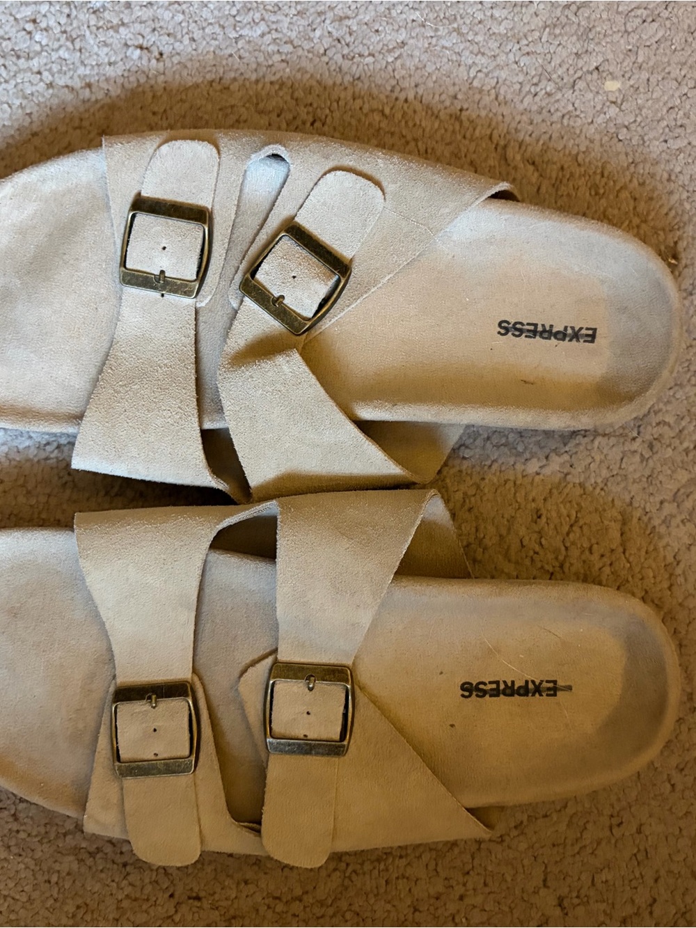 Express Neutral Tan Suede Double-Buckle Slide Sandals